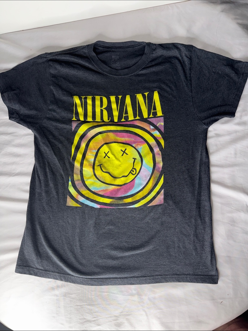 NIRVANA Black Short-Sleeve Tee with Yellow Smiley and Multicolor Swirl